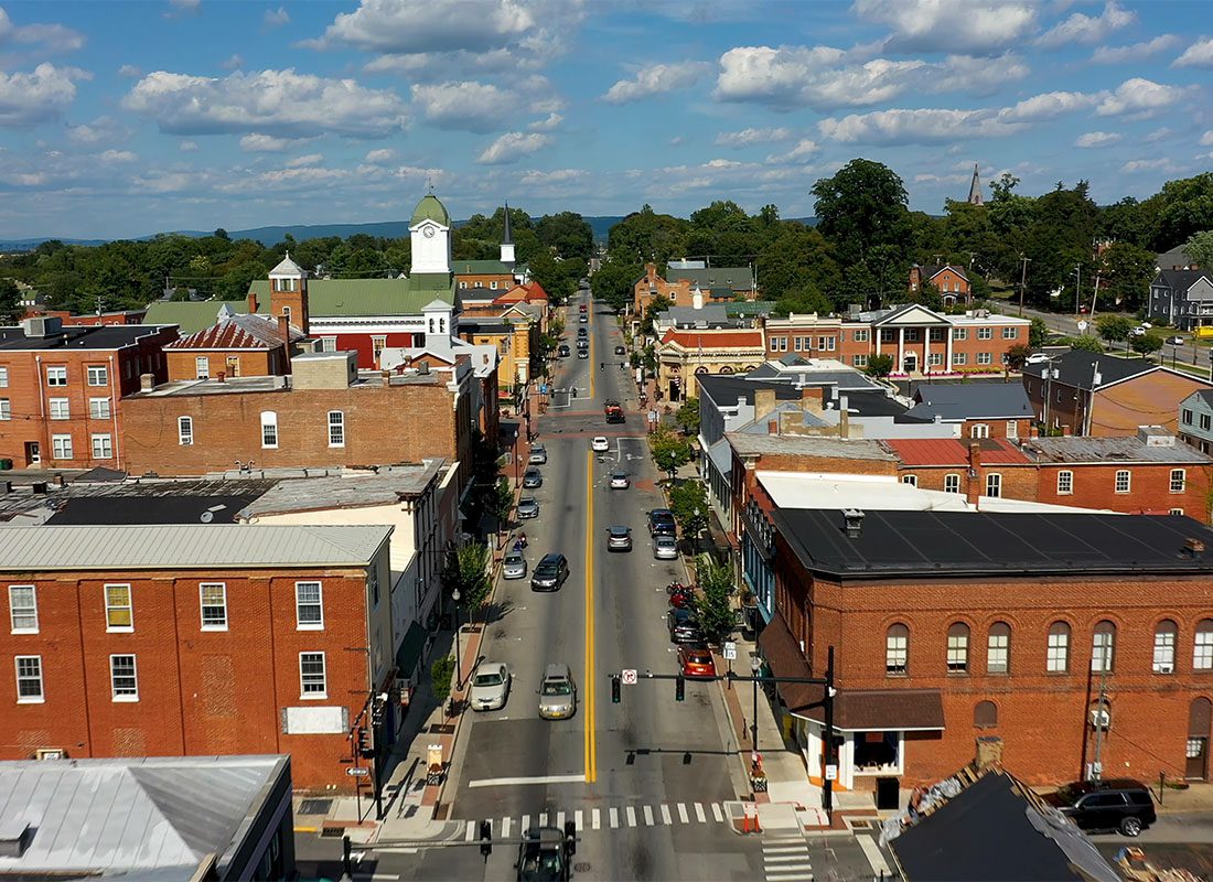 Somerset, KY - Aerial View of the Main Street with Residential and Commercial Buildings in Somerset Kentucky on a Sunny Day